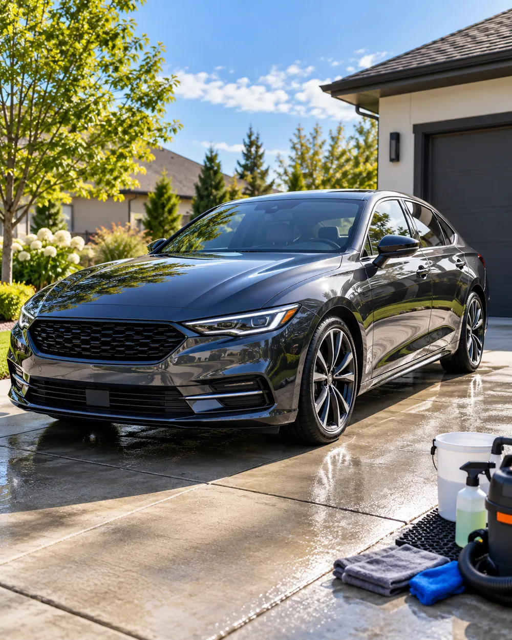 Freshly detailed unbranded car on a driveway in a fictional mobile service scene.