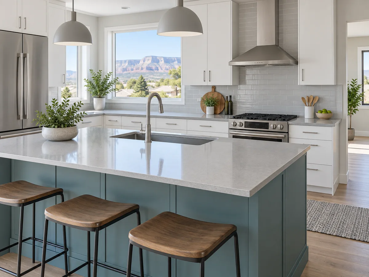 Illustrative bright kitchen with white cabinetry, a muted teal island, and clean counters in a fictional home.