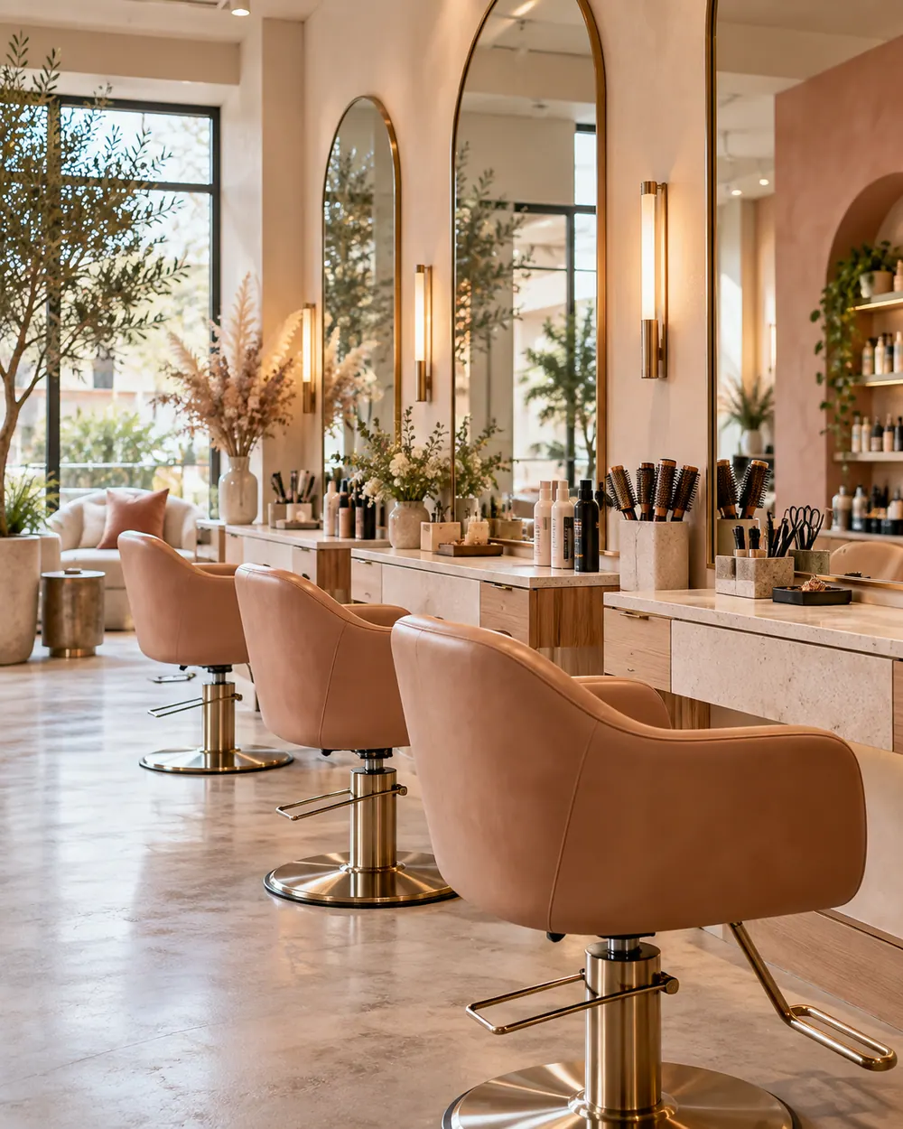 Fictional salon interior with modern styling chairs, mirrors, and warm daylight.
