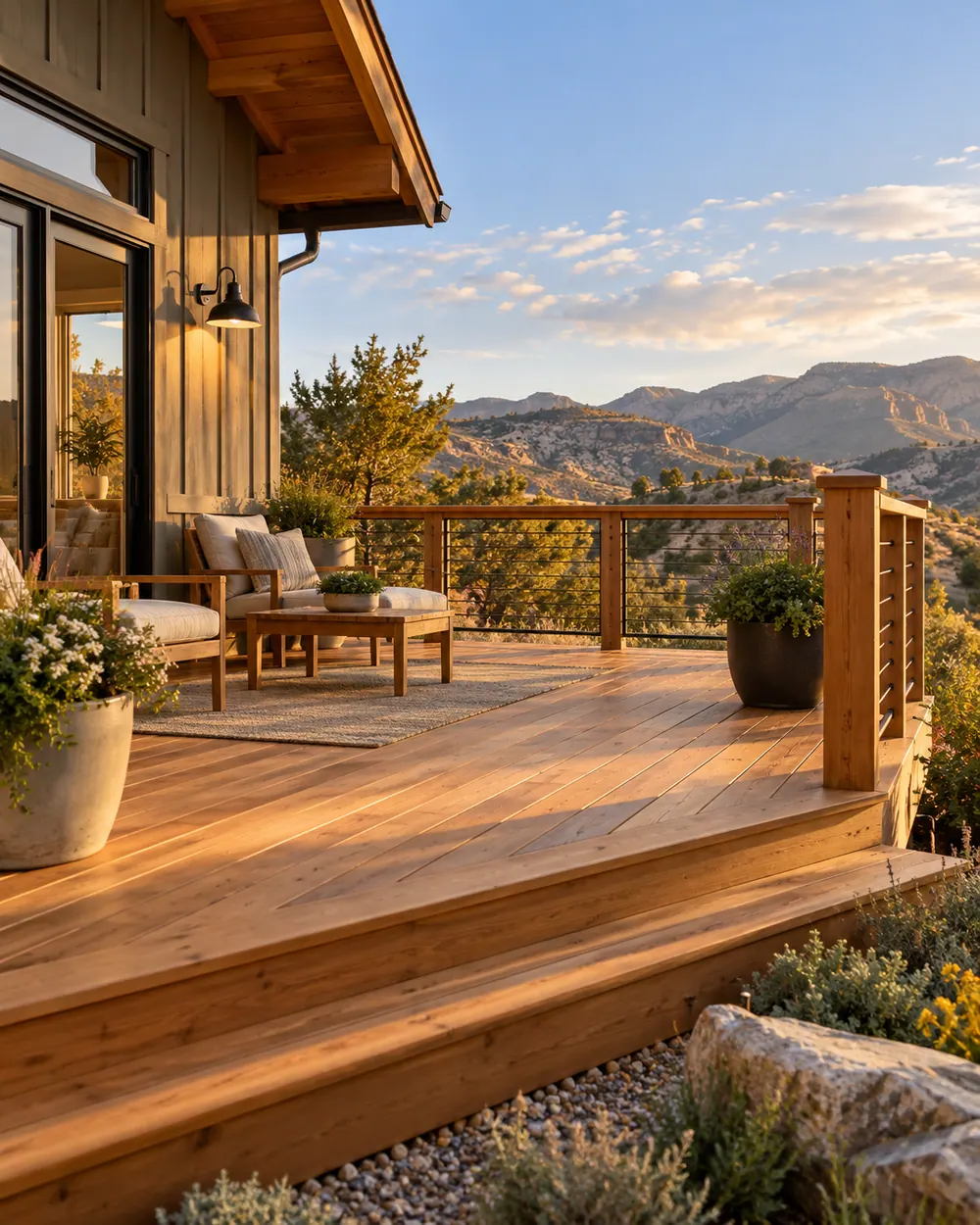Finished cedar deck at a fictional Western Colorado home.