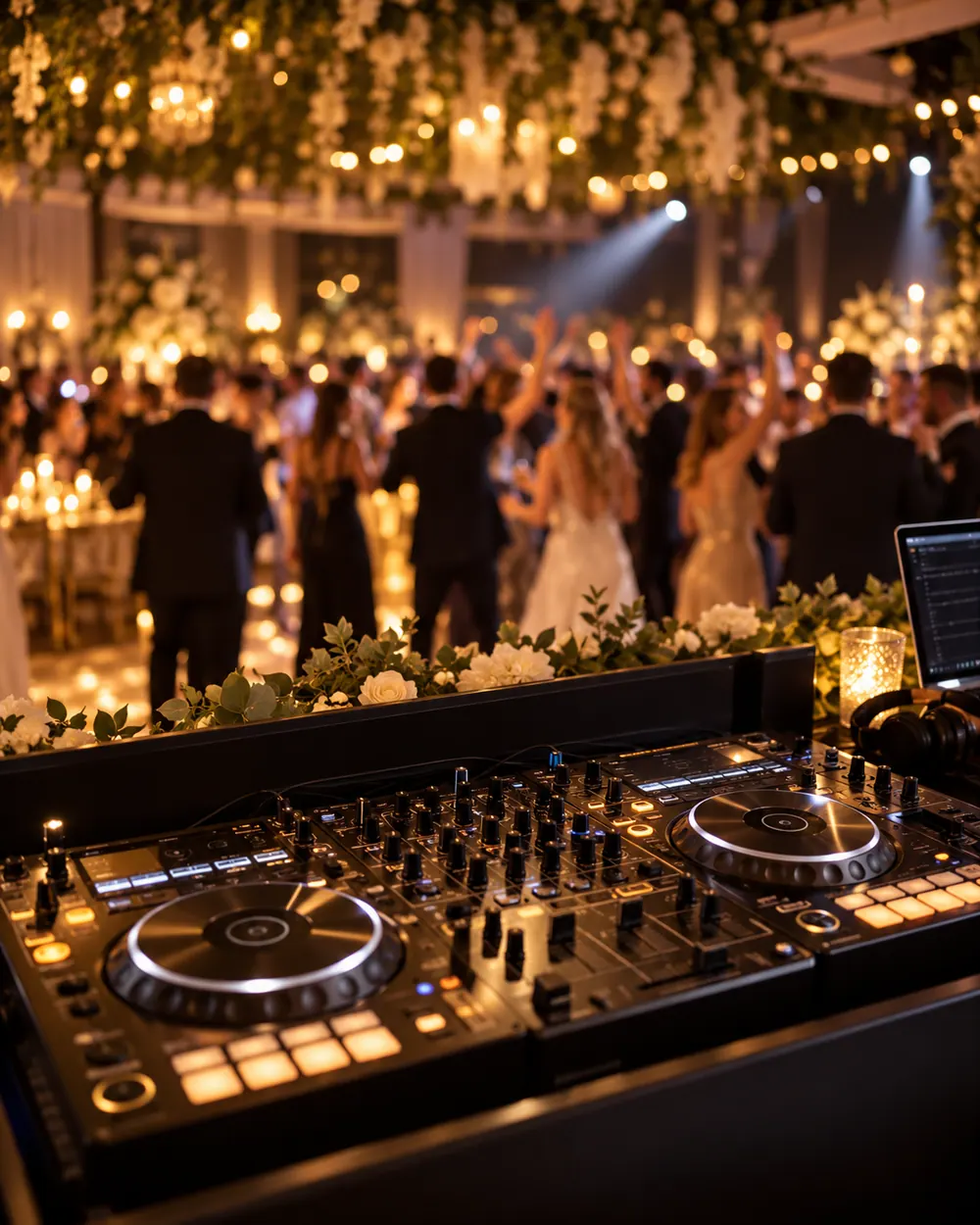 Unbranded DJ controller overlooking a fictional wedding dance floor.