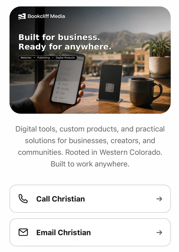 Current Bookcliff Tap Page example with business links and contact actions