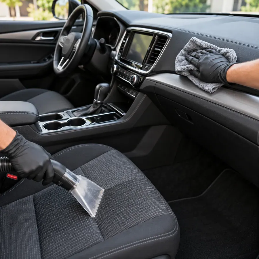 Gloved hands cleaning a car interior in a fictional detailing scene.
