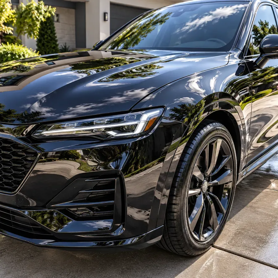 Glossy polished exterior of an unbranded car in a fictional detailing result.