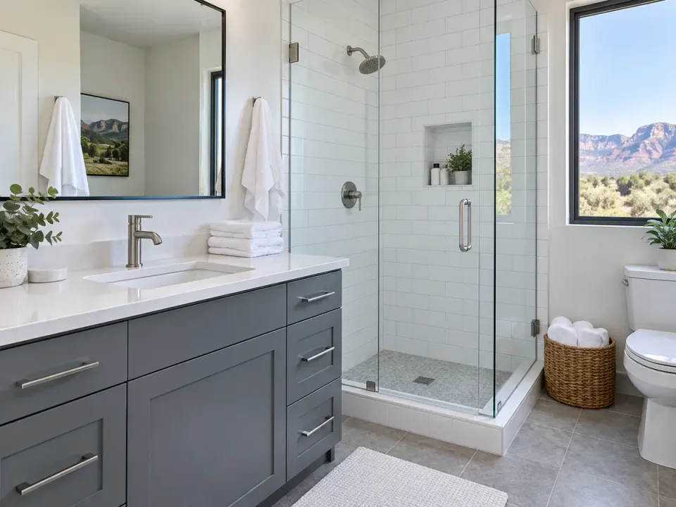 Illustrative clean bathroom with slate-gray cabinetry and a white tiled shower in a fictional home.