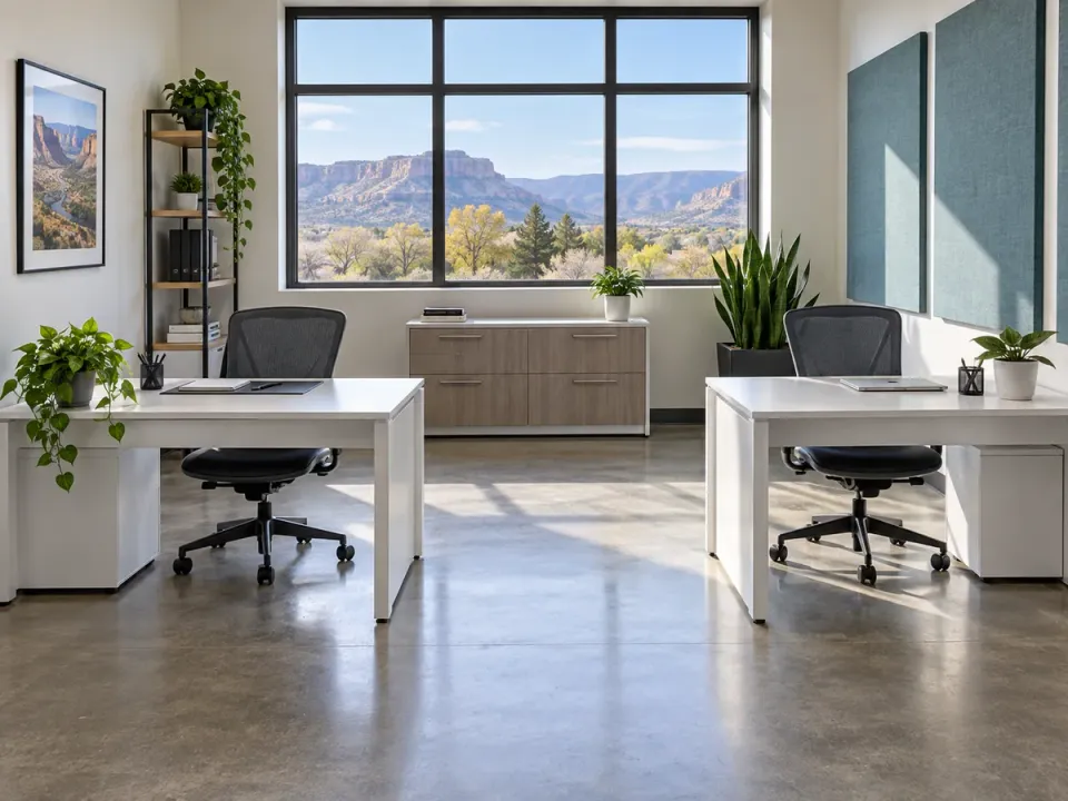 Illustrative tidy office with white desks, slate chairs, and muted teal panels in a fictional workplace.