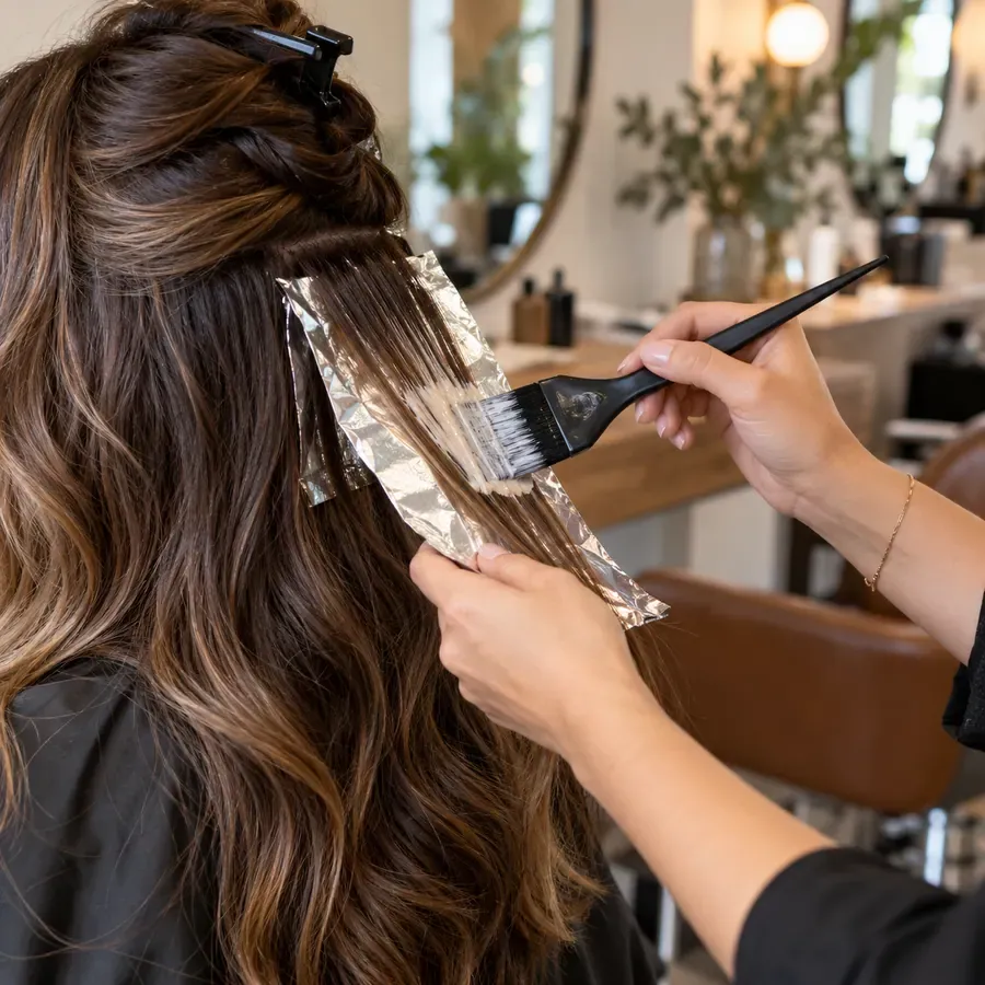 Stylist applying dimensional color to brunette hair in a fictional salon scene.