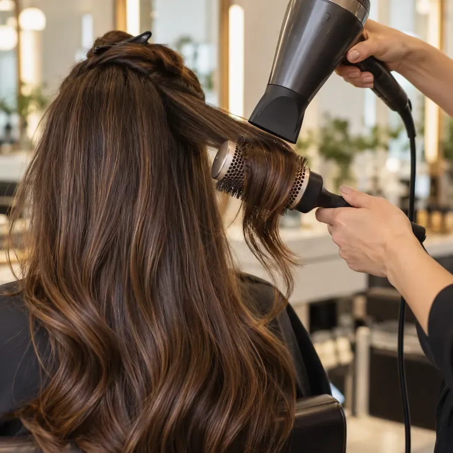 Stylist blow-drying brunette hair in a fictional salon scene.