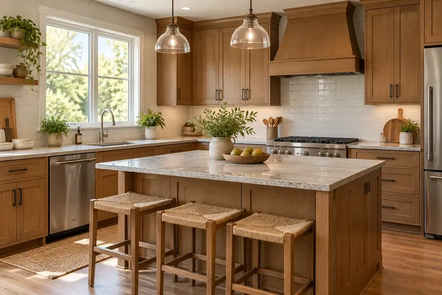Remodeled kitchen with wood cabinetry in a fictional home project.