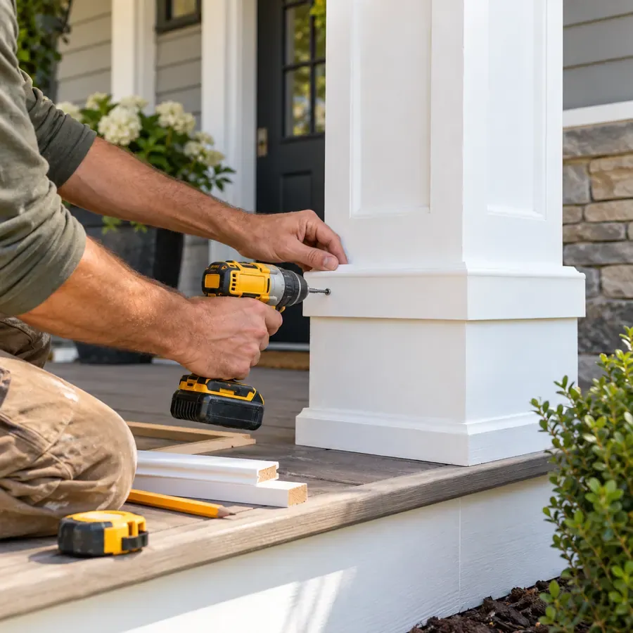 Worker installing porch trim in a fictional home repair scene.