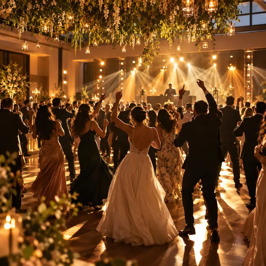 Guests dancing beneath warm lights at a fictional wedding reception.