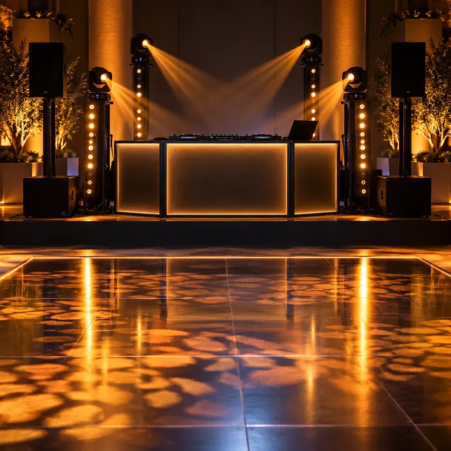 Unbranded DJ booth and event lighting in a fictional venue.